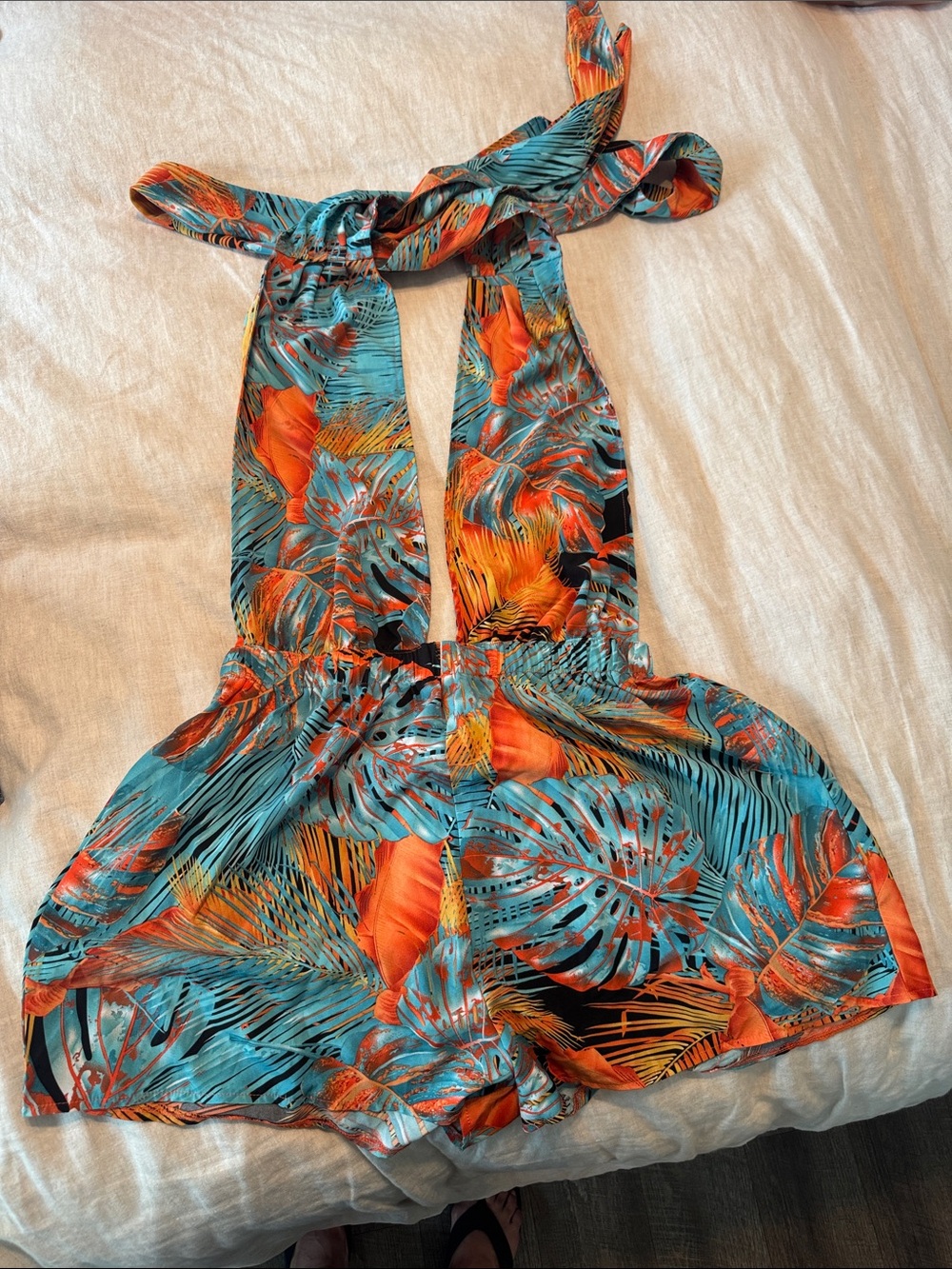 SHEIN Teal & Orange Tropical Halter Romper Shorts